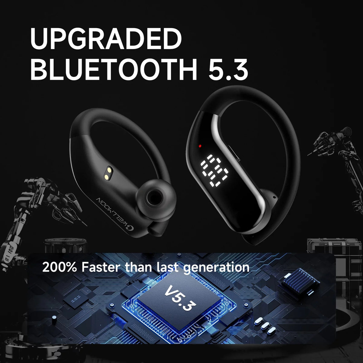 Bluetooth 5.3 Headphones Wireless Earbuds 100hrs Playtime Wireless Charging Case Digital Display Sports Ear buds with Earhook Premium Deep Bass Waterproof Over-Ear Earphones for TV Phone Portable computer Black