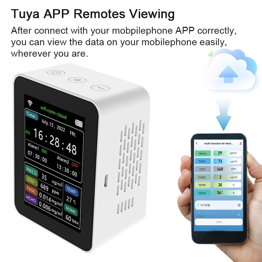 Carevas WiFi Intelligent Air Quality Detector PM2.5 CO2 TVOC HCHO Humidity 6 In 1 Detector Time Date Week Display Mobilephone APP Remotes Viewing 2 Sets Alarm Home Indoor Desktop Air Quality Moni
