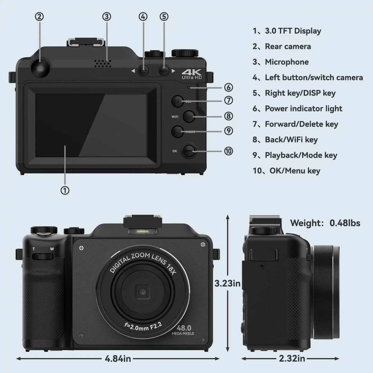 OIEXI 48MP Digital Camera for Photography,4K Video Camera with Front and Rear Dual Cameras,18X Digital Zoom,3.0-inch Screen,32GB Micro Card,Rechargeable Battery,Camera for Kids/Teens/Beginners(Black)