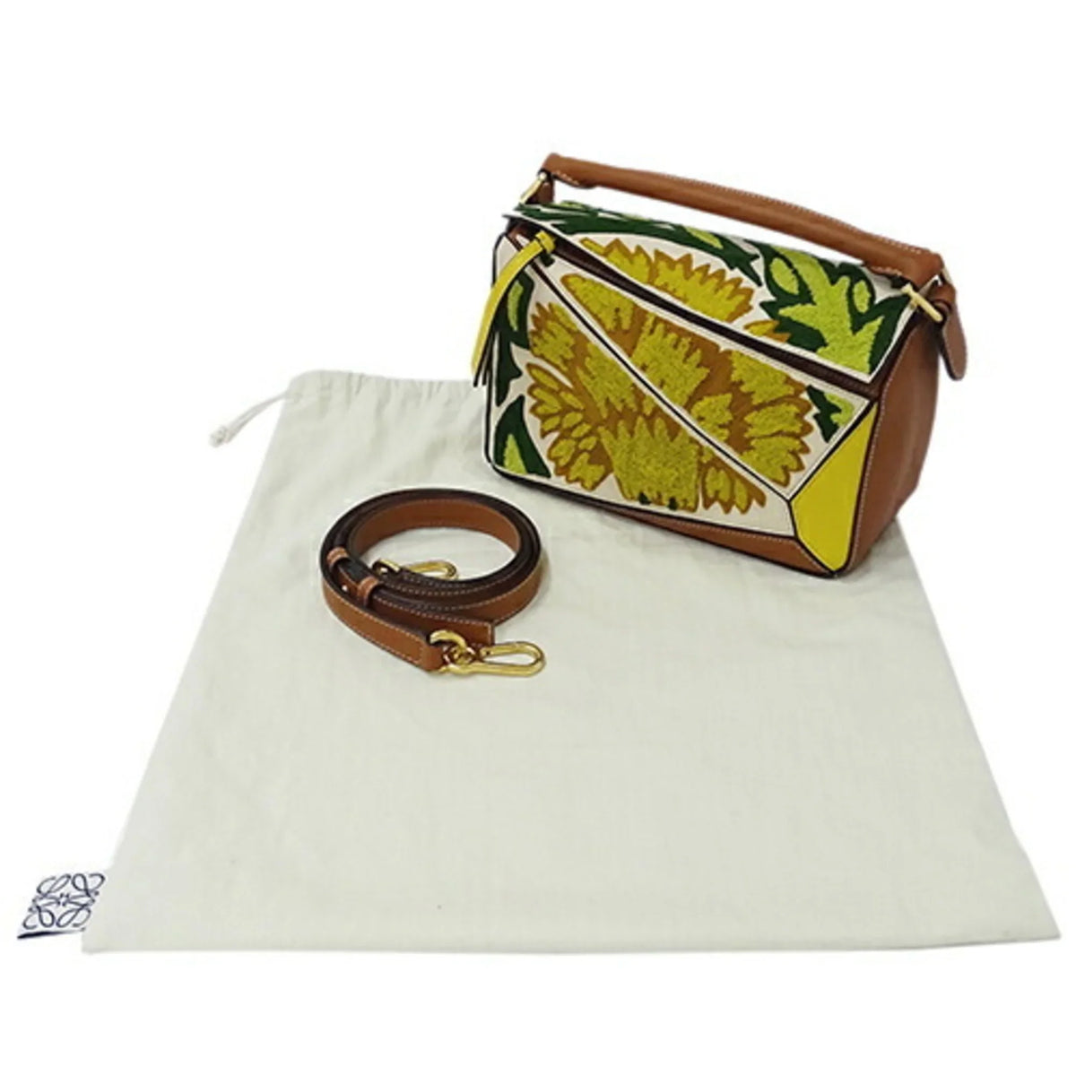 Pre-Owned LOEWE Bag Women's Brand Handbag Shoulder 2way Puzzle Small Floral Leather Brown Yellow William de Morgan Collaboration Embroidery Compact Mini (Good)
