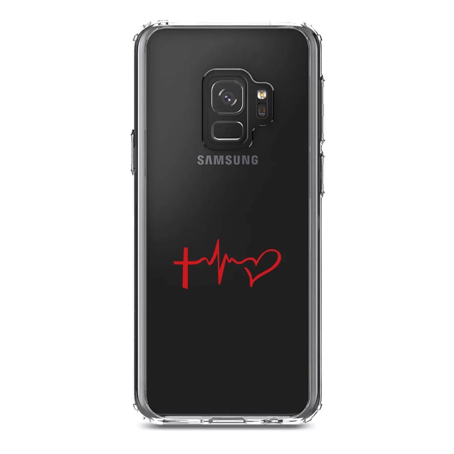 DistinctInk Clear Shockproof Hybrid Case for Samsung Galaxy S9 (5.8" Screen) - TPU Bumper Acrylic Back Tempered Glass Screen Protector - Cross Heart - Faith Hope Love