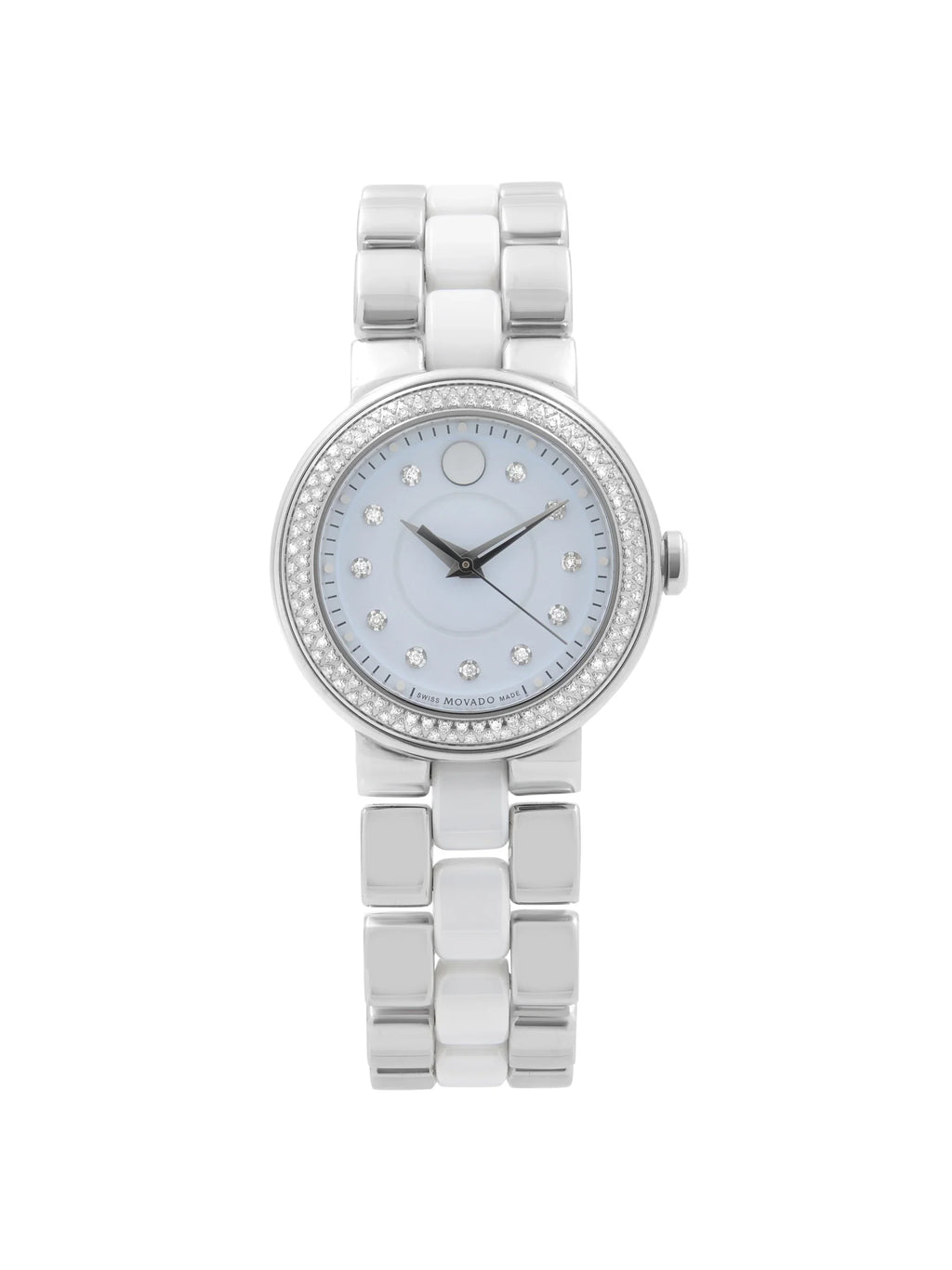 Movado Cerena 28mm Steel White Ceramic Diamond Bezel Quartz Ladies Watch 0606931 Pre-Owned