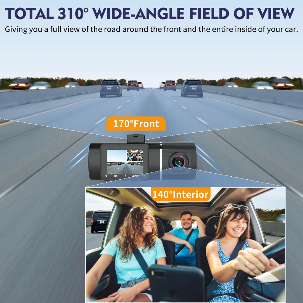 Abask J05 PRO DashCam 4K WiFi - Car Camera Front and Inside with Infrared Night Vision, 24H Parking Monitoring, Motion Sensor, 310° Wide Angle, G-Sensor, Loop Recording, HDR, Up to 128 Gigabytes