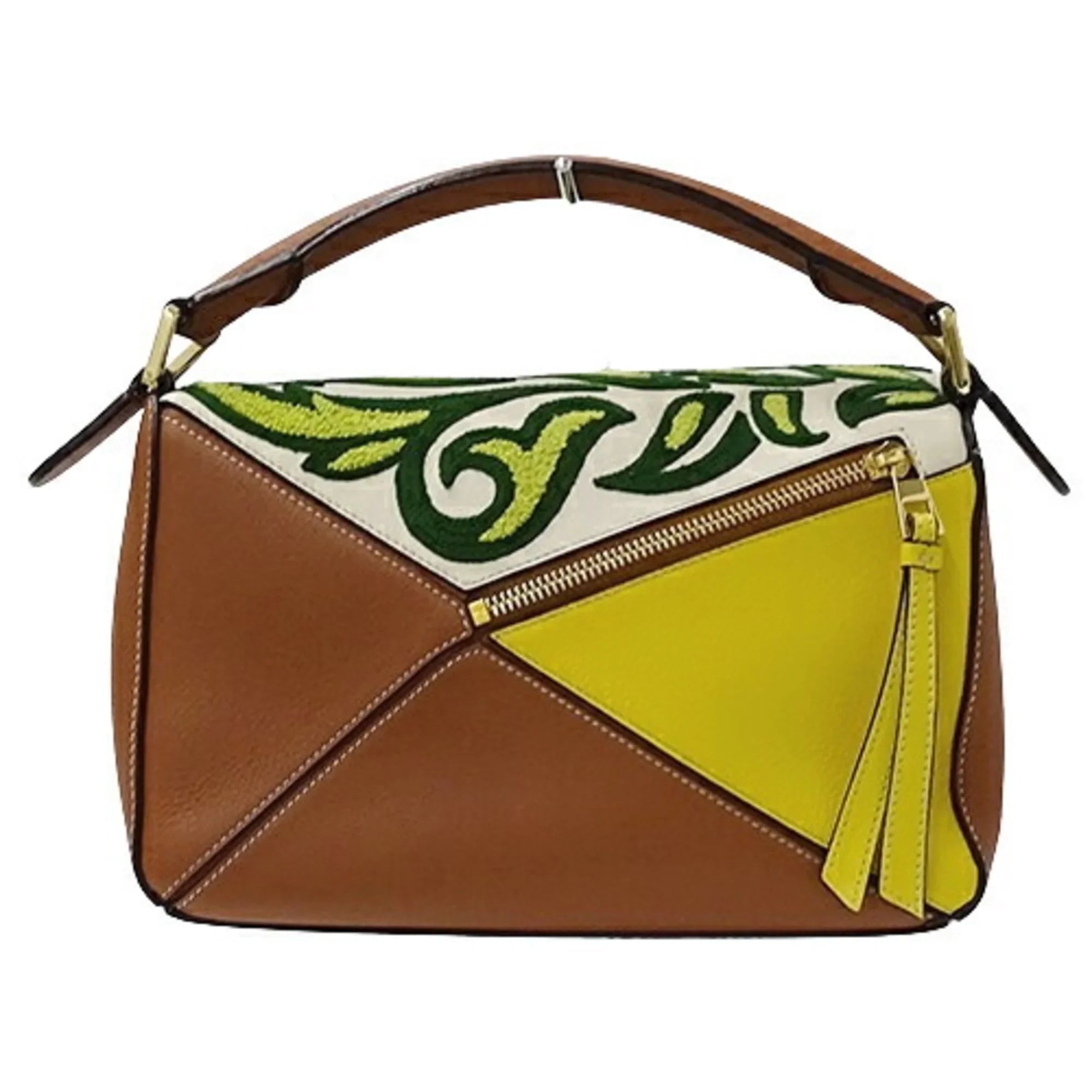 Pre-Owned LOEWE Bag Women's Brand Handbag Shoulder 2way Puzzle Small Floral Leather Brown Yellow William de Morgan Collaboration Embroidery Compact Mini (Good)