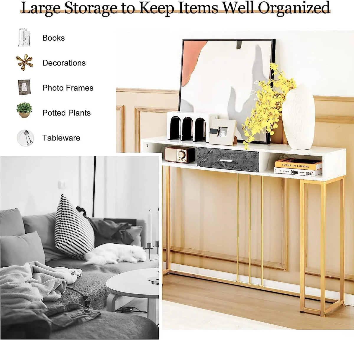 NLTBONNIE Console Table with Drawer - Sofa with Anti-Toppling Device &amp; Adjustable Foot Pads Faux Marble Foyer Table for Hallway Entryway Living Room Dining Room &amp; Kitchen Ent