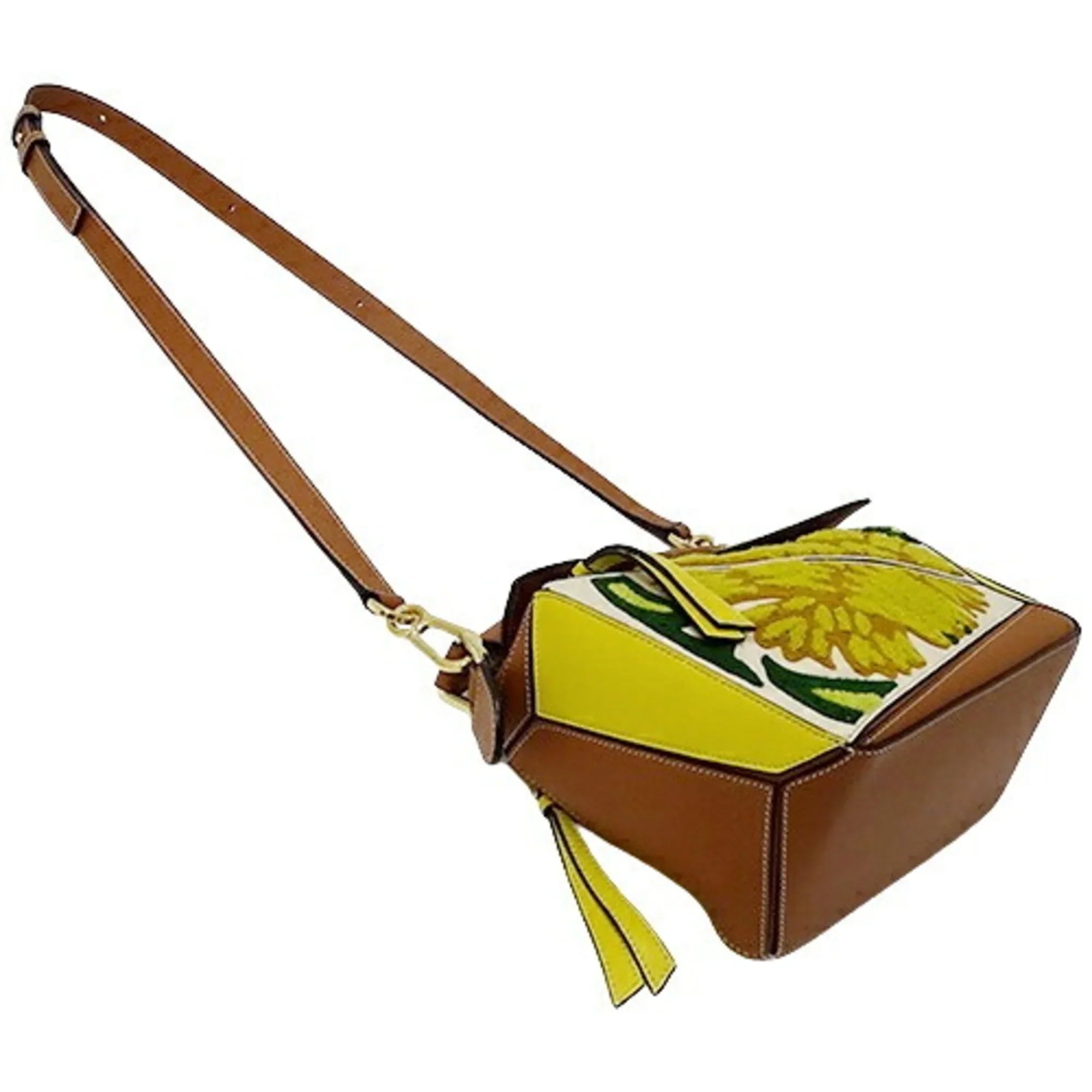 Pre-Owned LOEWE Bag Women's Brand Handbag Shoulder 2way Puzzle Small Floral Leather Brown Yellow William de Morgan Collaboration Embroidery Compact Mini (Good)