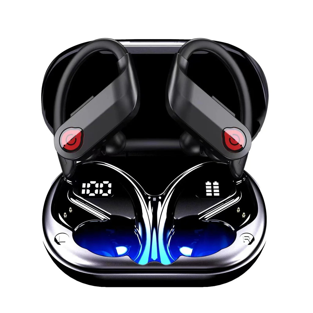 Bluetooth Headphones Wireless Earbuds 20hrs Playtime Charging Case Digital Display Sports Ear buds with Earhook Premium Deep Bass IPX7 Waterproof Over-Ear Earphones for TV Phone Portable computer Black