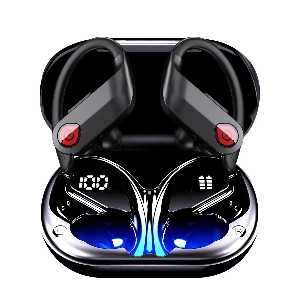 Bluetooth Headphones Wireless Earbuds 20hrs Playtime Charging Case Digital Display Sports Ear buds with Earhook Premium Deep Bass IPX7 Waterproof Over-Ear Earphones for TV Phone Portable computer Black