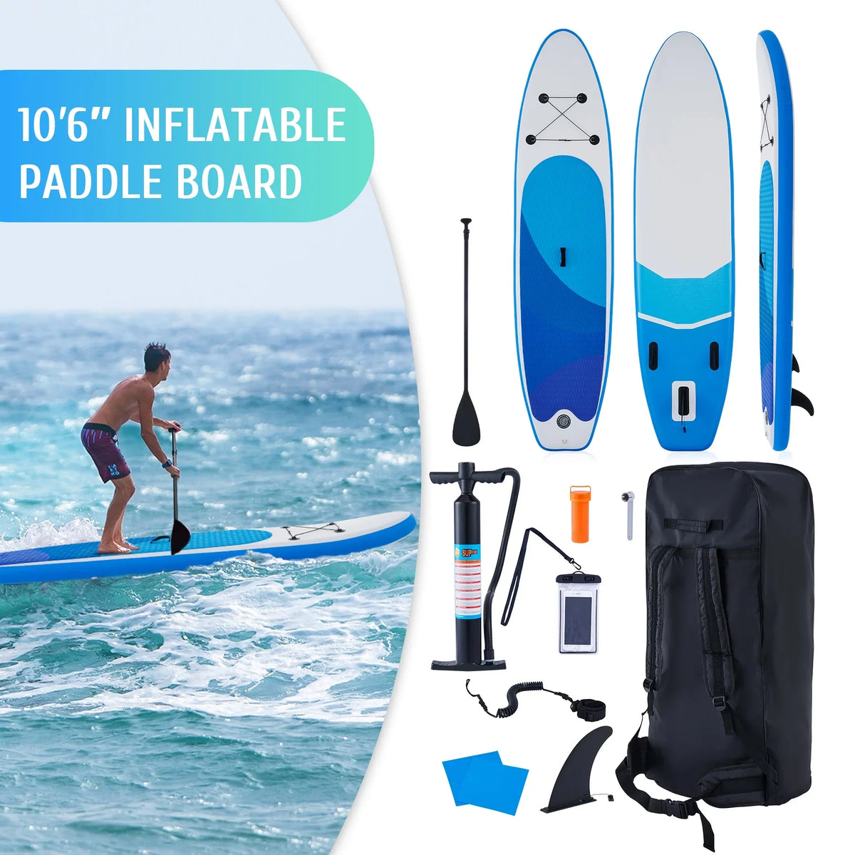 Preenex 10'6" Hybrid Inflatable Paddle Board for Adults Hybrid SUP Board Set w Air Pump, Blue