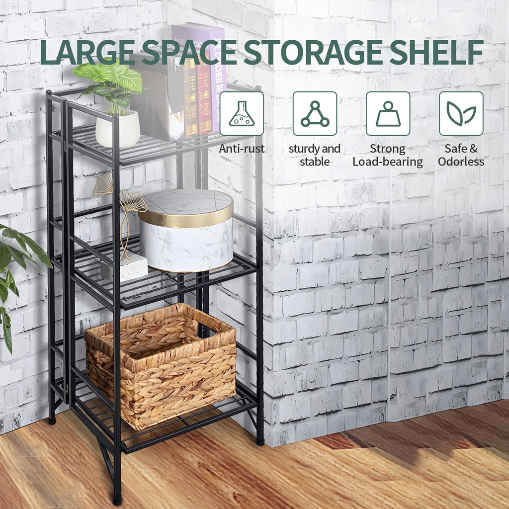 SYTHERS 3 Tier Wide Folding Metal Shelf, Metal Storage Rack, 13 x 11 x 33" Wire Shelving Unit, Heavy Duty Kitchen Organizer Shelf, Black