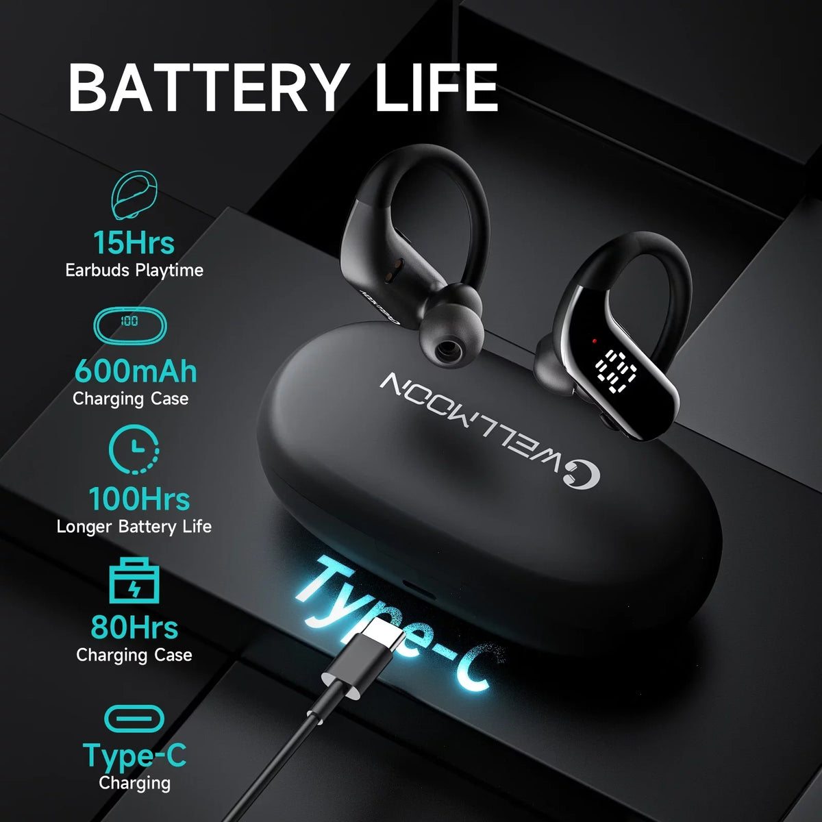 Bluetooth 5.3 Headphones Wireless Earbuds 100hrs Playtime Wireless Charging Case Digital Display Sports Ear buds with Earhook Premium Deep Bass Waterproof Over-Ear Earphones for TV Phone Portable computer Black