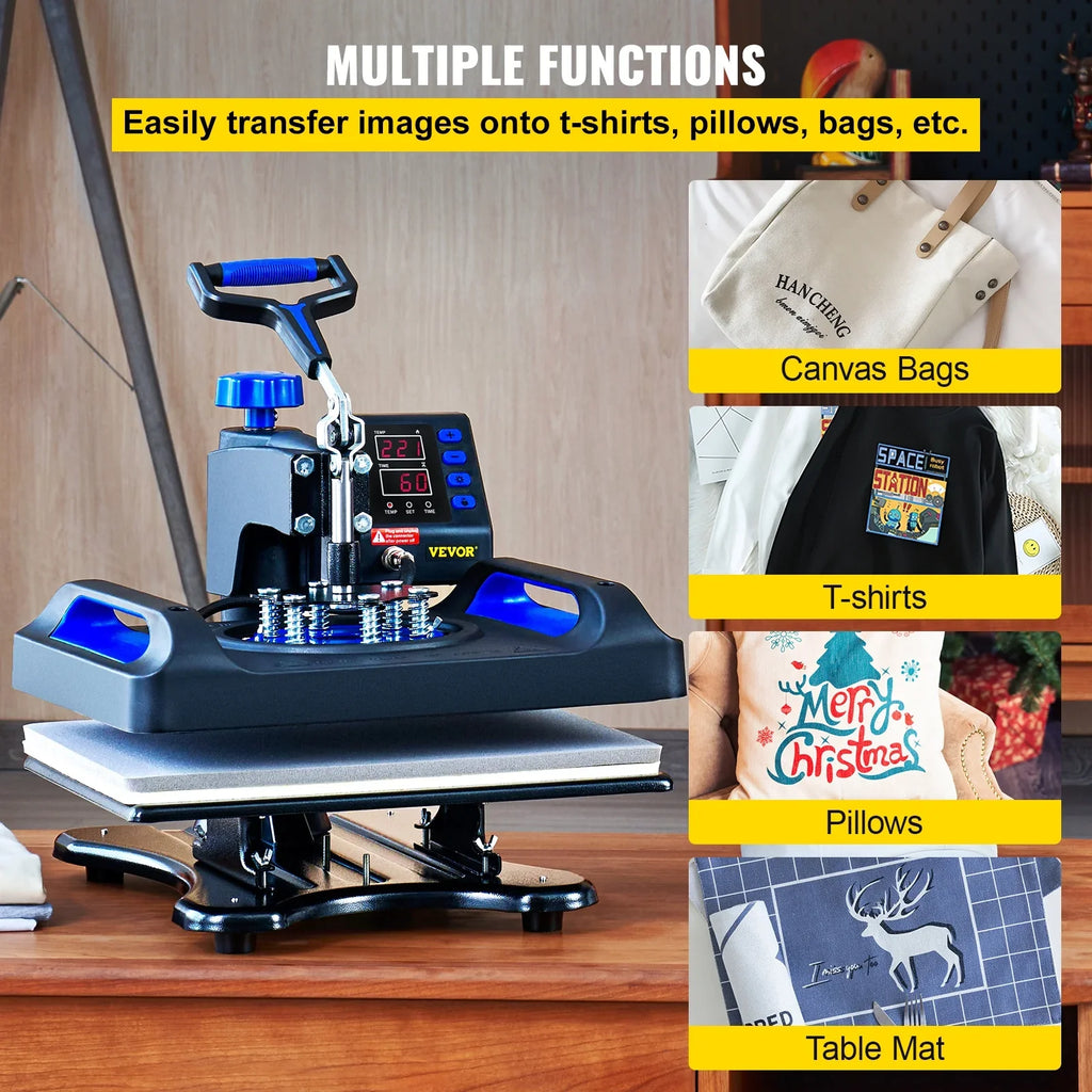 BENTISM Heat Press Machine, 12" x 15" Fast Heating Pressing Machine, 360 Swing Away Digital Sublimation T-Shirt Vinyl Transfer Printer with Anti-Scald Surface, Canvas Bag, Pillow, Blue