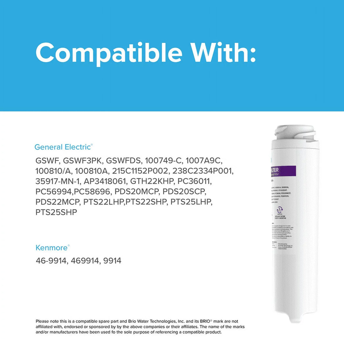 Brio 6023A Refrigerator Water Filter Replacement Compatible WIth GE GSWF, GSWF3PK, GSWFDS, 100749-C, 100749C, 100810/A, 100810A