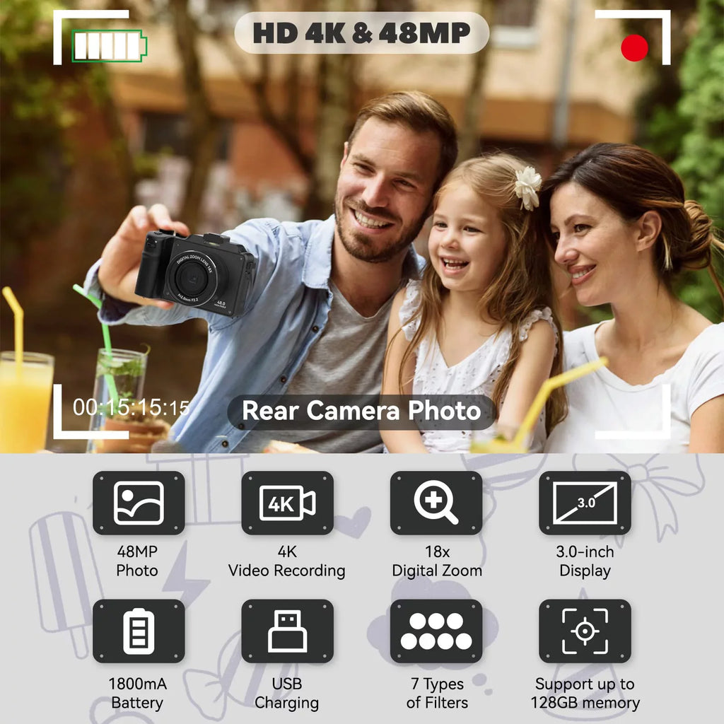 OIEXI 48MP Digital Camera for Photography,4K Video Camera with Front and Rear Dual Cameras,18X Digital Zoom,3.0-inch Screen,32GB Micro Card,Rechargeable Battery,Camera for Kids/Teens/Beginners(Black)