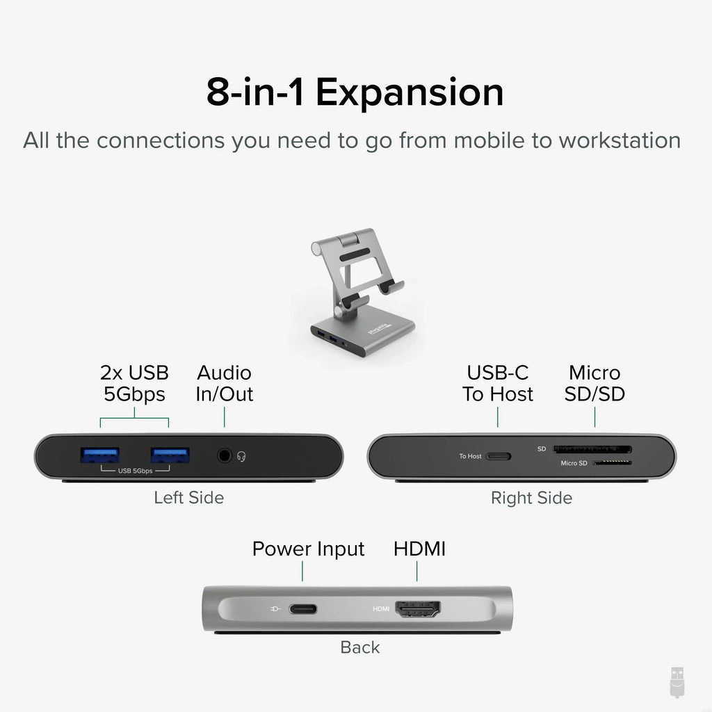 Plugable 8-in-1 USB C Docking Station for iPad with Stand, 100W Pass-through Charging USB-C Hub, 1x HDMI, 2x USB, Audio, and SD, Compatible with Microsoft Windows, iPadOS, USB-C Phones, and Tablets