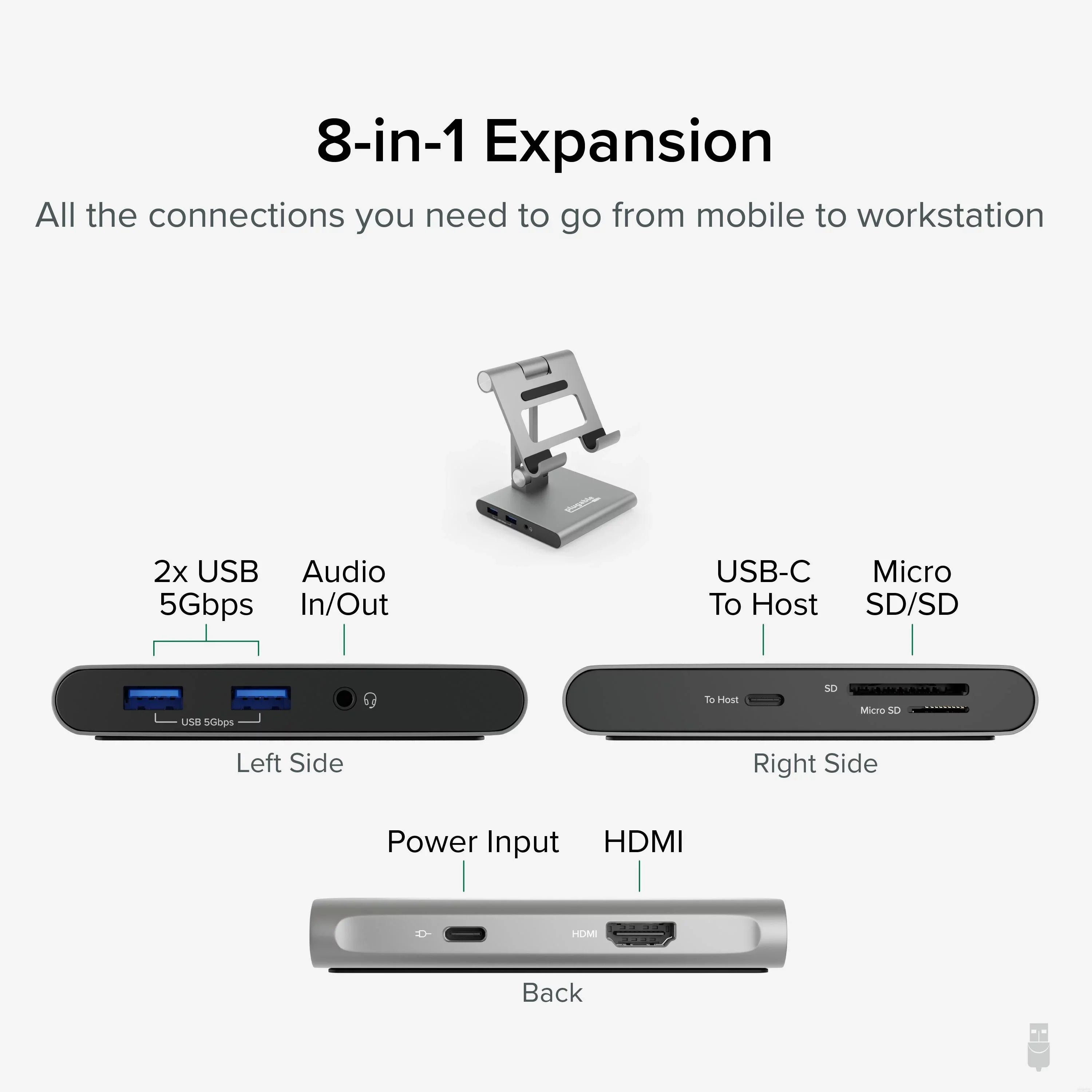 Plugable 8-in-1 USB C Docking Station for iPad with Stand, 100W Pass-through Charging USB-C Hub, 1x HDMI, 2x USB, Audio, and SD, Compatible with Microsoft Windows, iPadOS, USB-C Phones, and Tablets