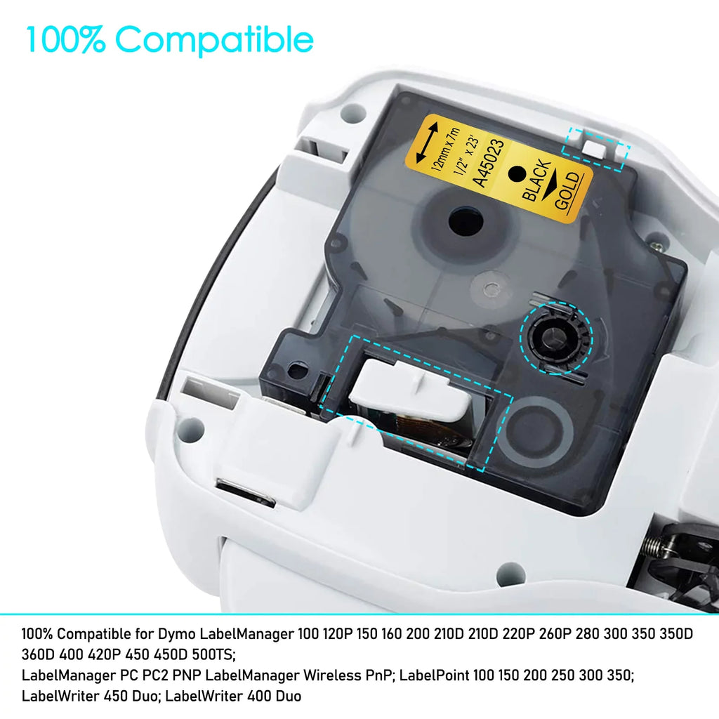 GREENCYCLE 20PK Compatible for DYMO D1 Label Tape 45023 12mm 7m Black on Gold for LabelManager LabelPoint LabelWriter Label Maker