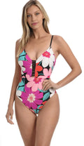 La Blanca Women's Plunge Knot Front One Piece Swimsuit, Multi//in Full Bloom, 6