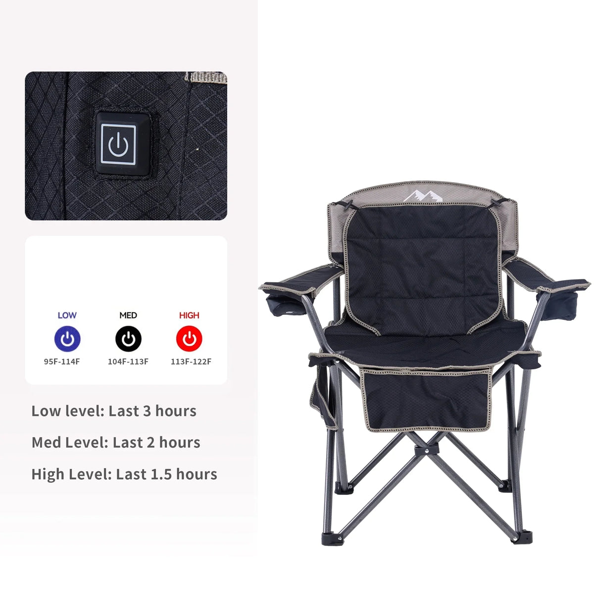 M8TRX Outdoors Heated Camping Chair, Portable Chair w/ 5000mAH Power Bank, 3 Heat Levels, USB Charging Port, Black