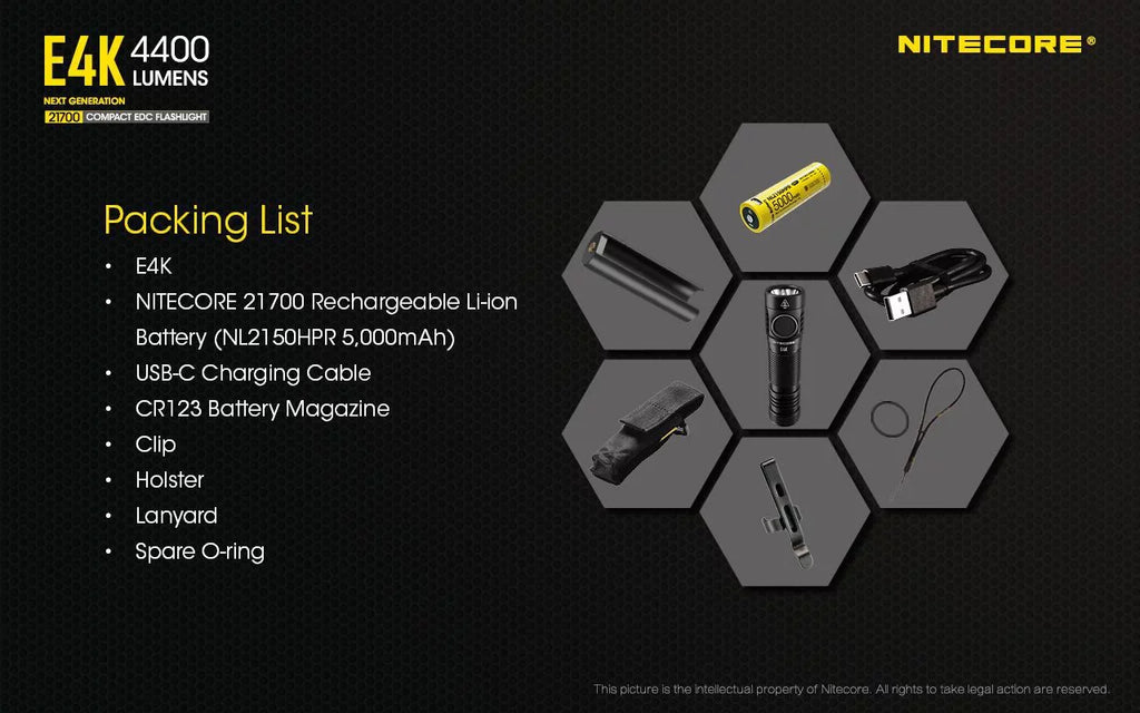 NITECORE E4K Next generation 21700 Compact EDC Flashlight - 4x CREE XP-L2 V6 - 4400 Lumens w/ 1x NITECORE 21700 Rechargeable Li-ion Battery and FREE Eco-Sensa Battery Case