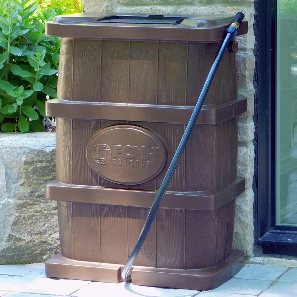 FCMP Outdoor WG4000-GRY Home Outdoor Wood Grain Rain Water Catcher Barrel