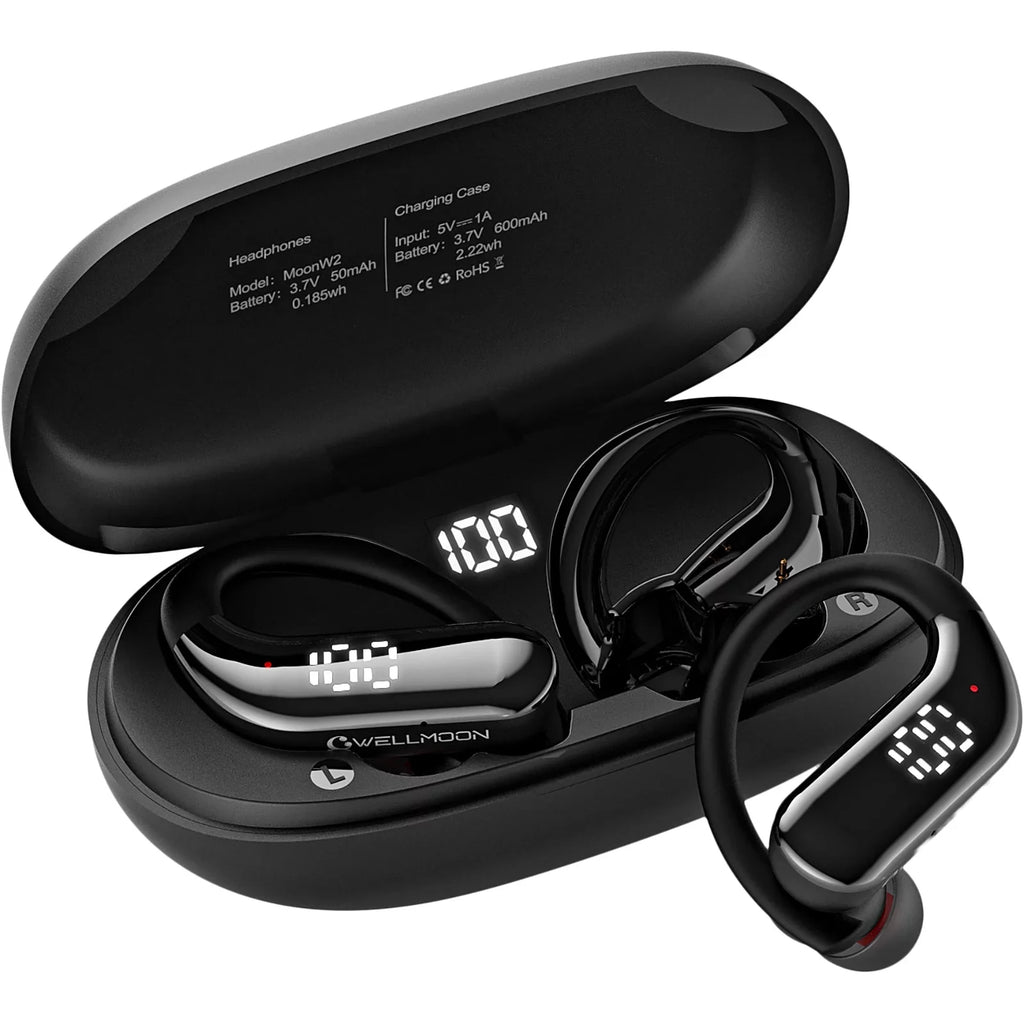 Bluetooth 5.3 Headphones Wireless Earbuds 100hrs Playtime Wireless Charging Case Digital Display Sports Ear buds with Earhook Premium Deep Bass Waterproof Over-Ear Earphones for TV Phone Portable computer Black