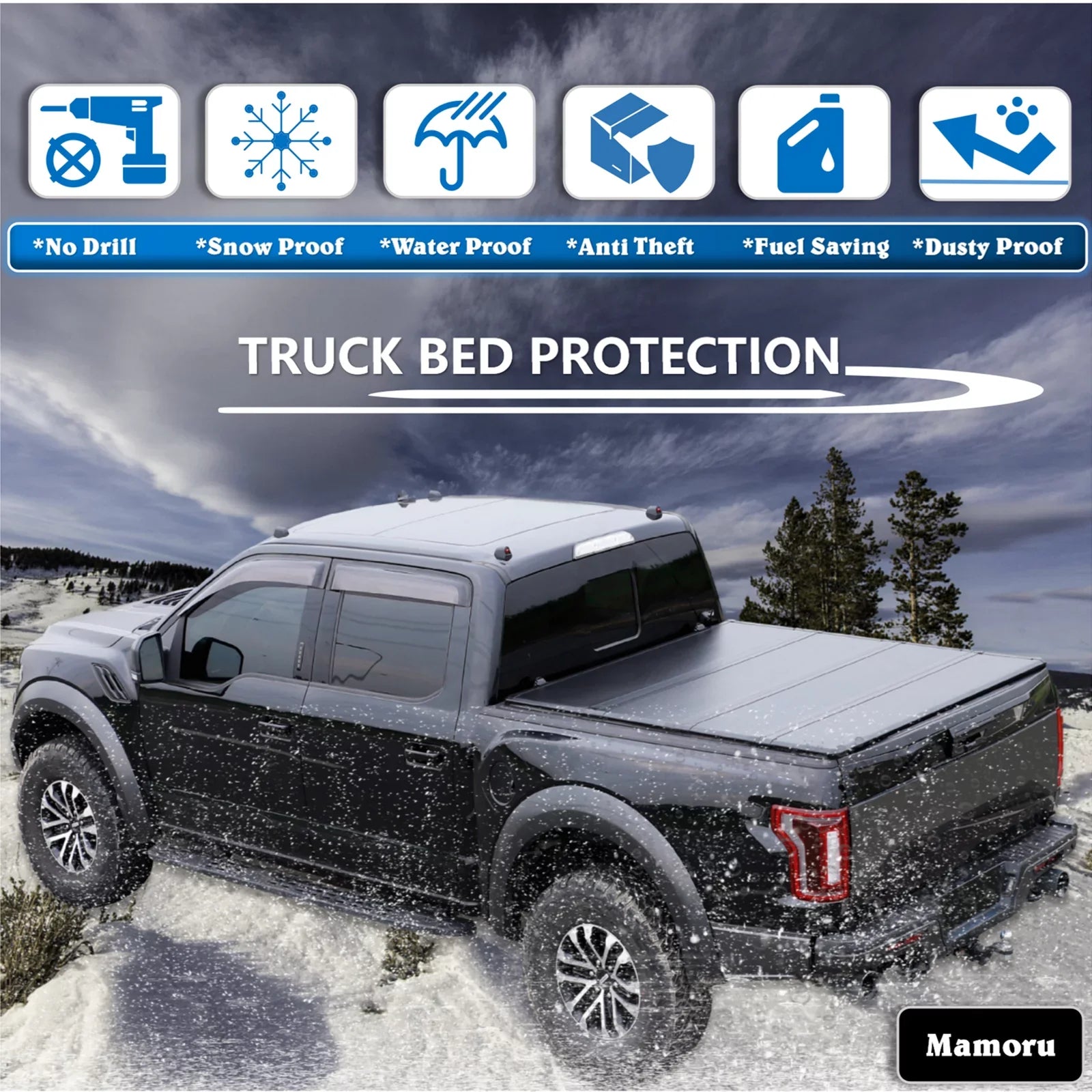Mamoru Hard FRP Quad-Fold Solid Tonneau Cover Compatible with 2016 2017 2018 2019 2020 2021 2022 2023 Tacoma 6' / 73.7" Truck Bed Cover | Fit for Deck Rail System