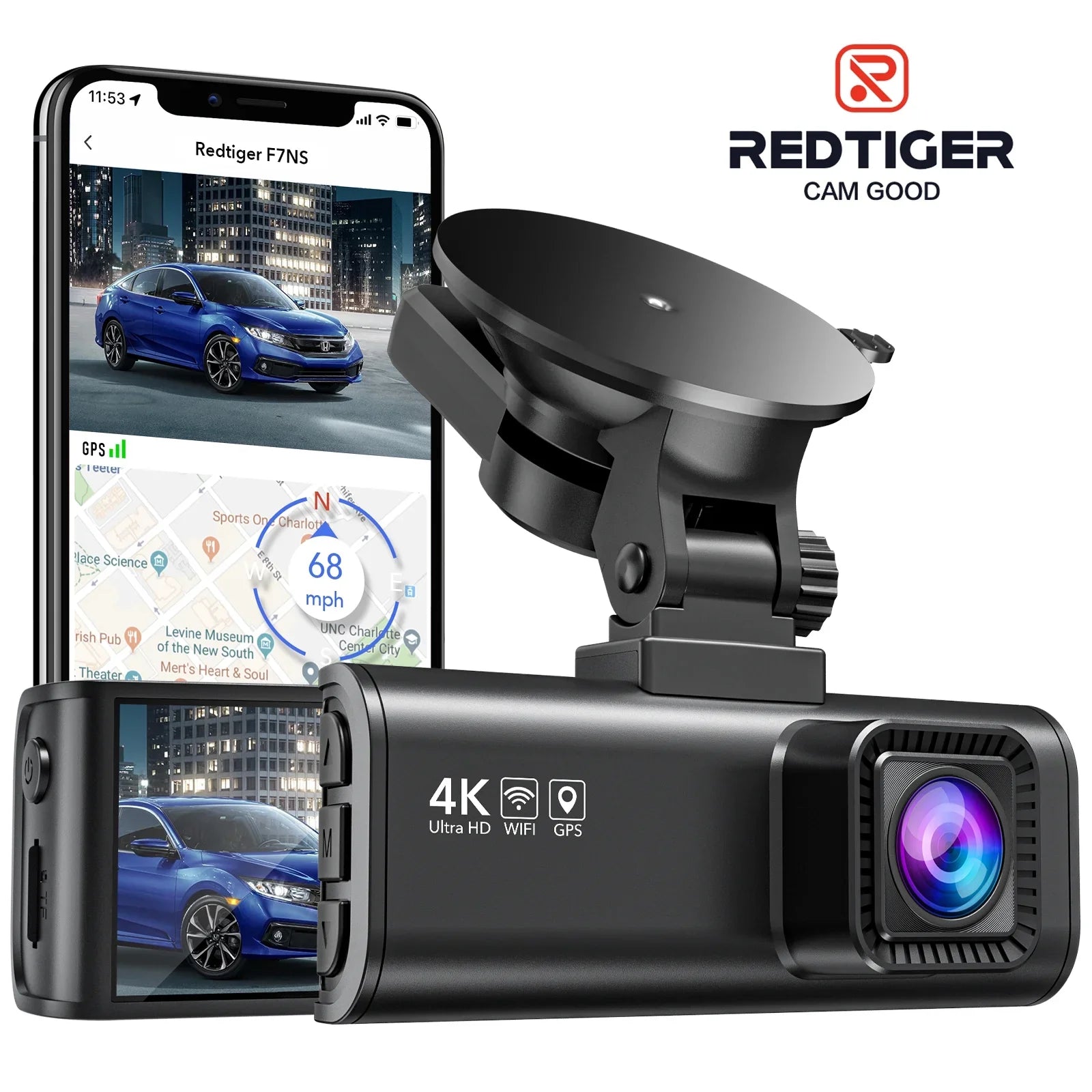 REDTIGER Dash Cam, 4K Dash Camera with Wi-Fi & GPS, 4K UHD 2160P Car Camera, 3.18" LCD Screen, 24H Parking Monitor, Black