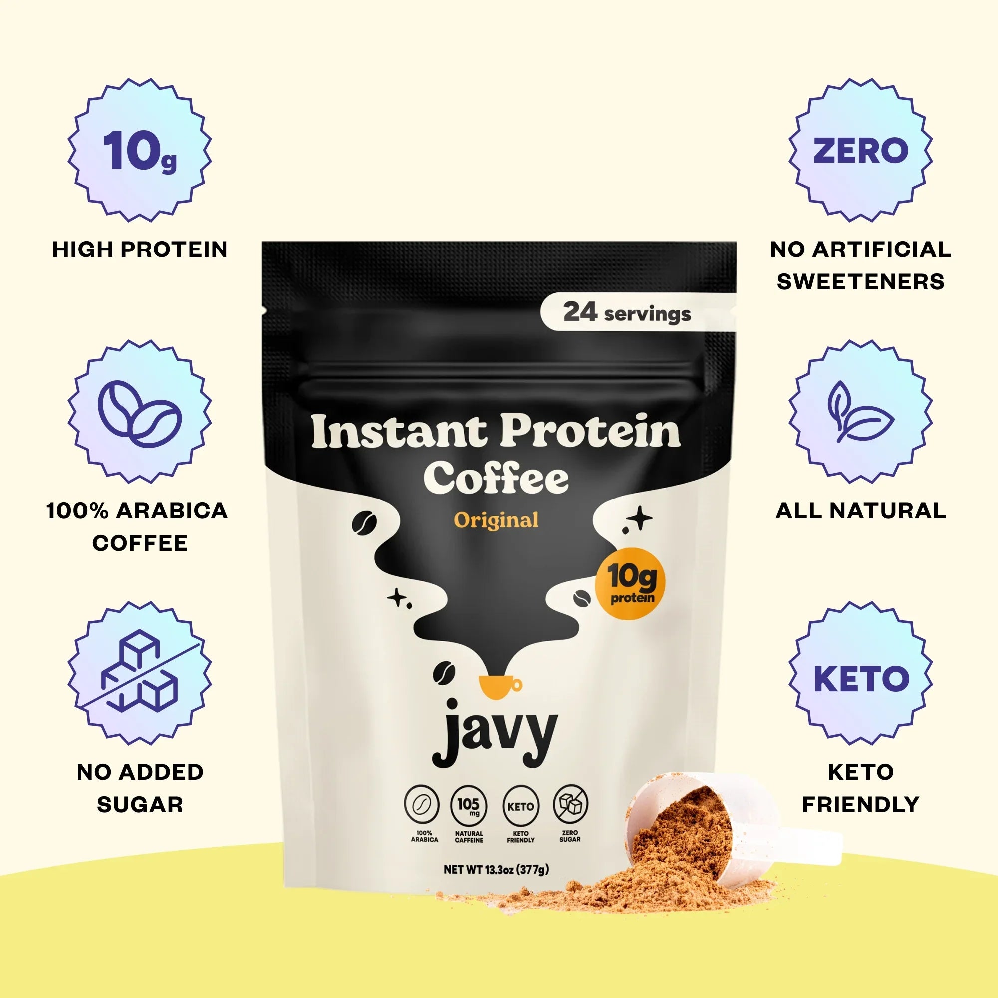 Javy Premium Instant Coffee - Protein Coffee - Protein Shake, Iced Coffee, Protein Drinks, Delicious Keto Friendly and Gluten Free, 24 Servings