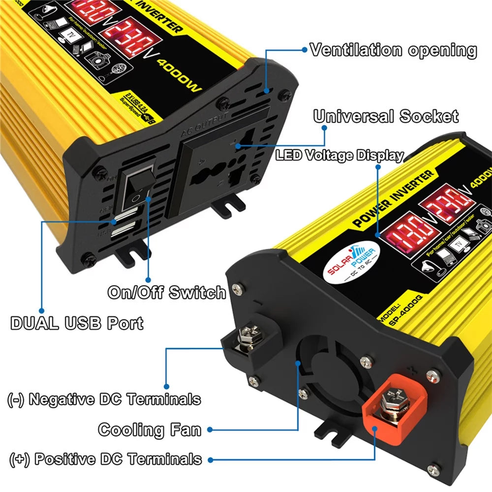 Gecheer Portable Inverter Car Power Inverters DC12Volt To AC110220Volt Transformer 4000W Modified SineWave Inverter Dual USB Display Auto Inverters