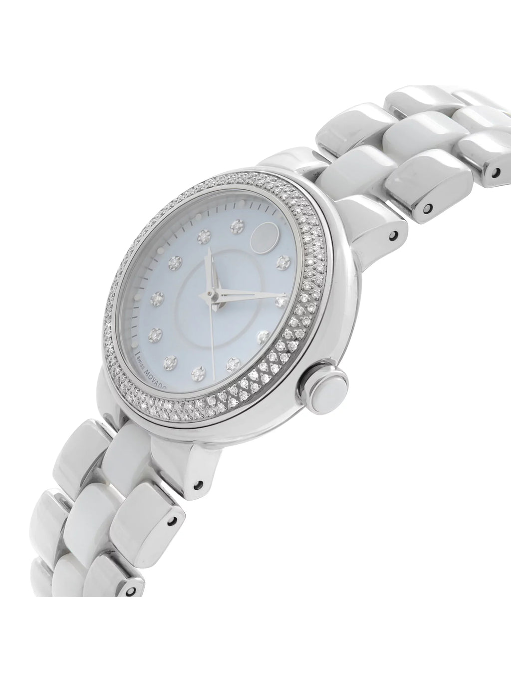 Movado Cerena 28mm Steel White Ceramic Diamond Bezel Quartz Ladies Watch 0606931 Pre-Owned