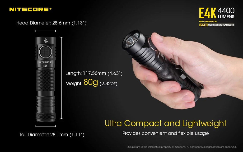 NITECORE E4K Next generation 21700 Compact EDC Flashlight - 4x CREE XP-L2 V6 - 4400 Lumens w/ 1x NITECORE 21700 Rechargeable Li-ion Battery and FREE Eco-Sensa Battery Case