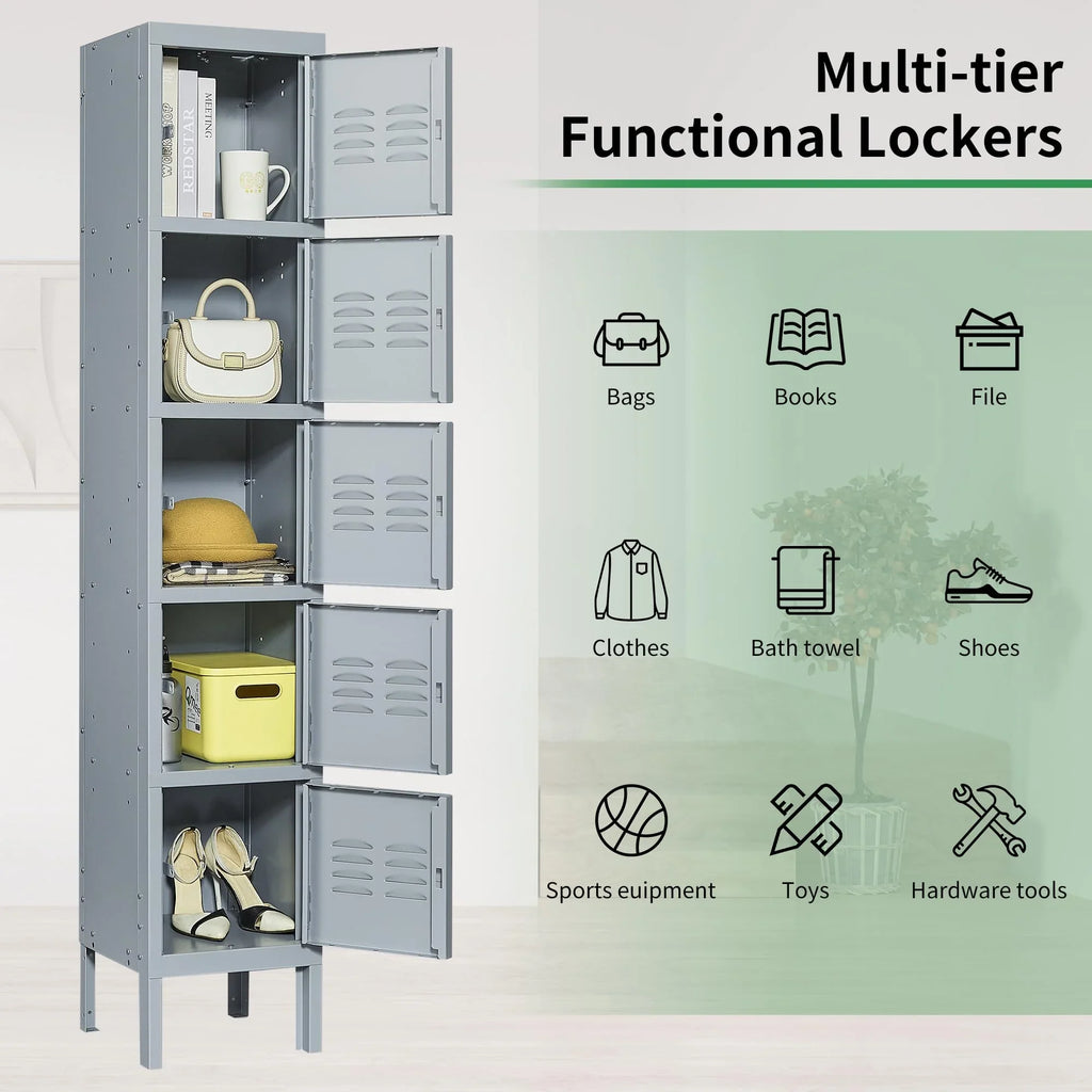 IKIMI 66" Metal Storage Cabinet Locker for School, Gym, Home Office, Steel Locker Cabinet With 5 Doors for Employees, Students
