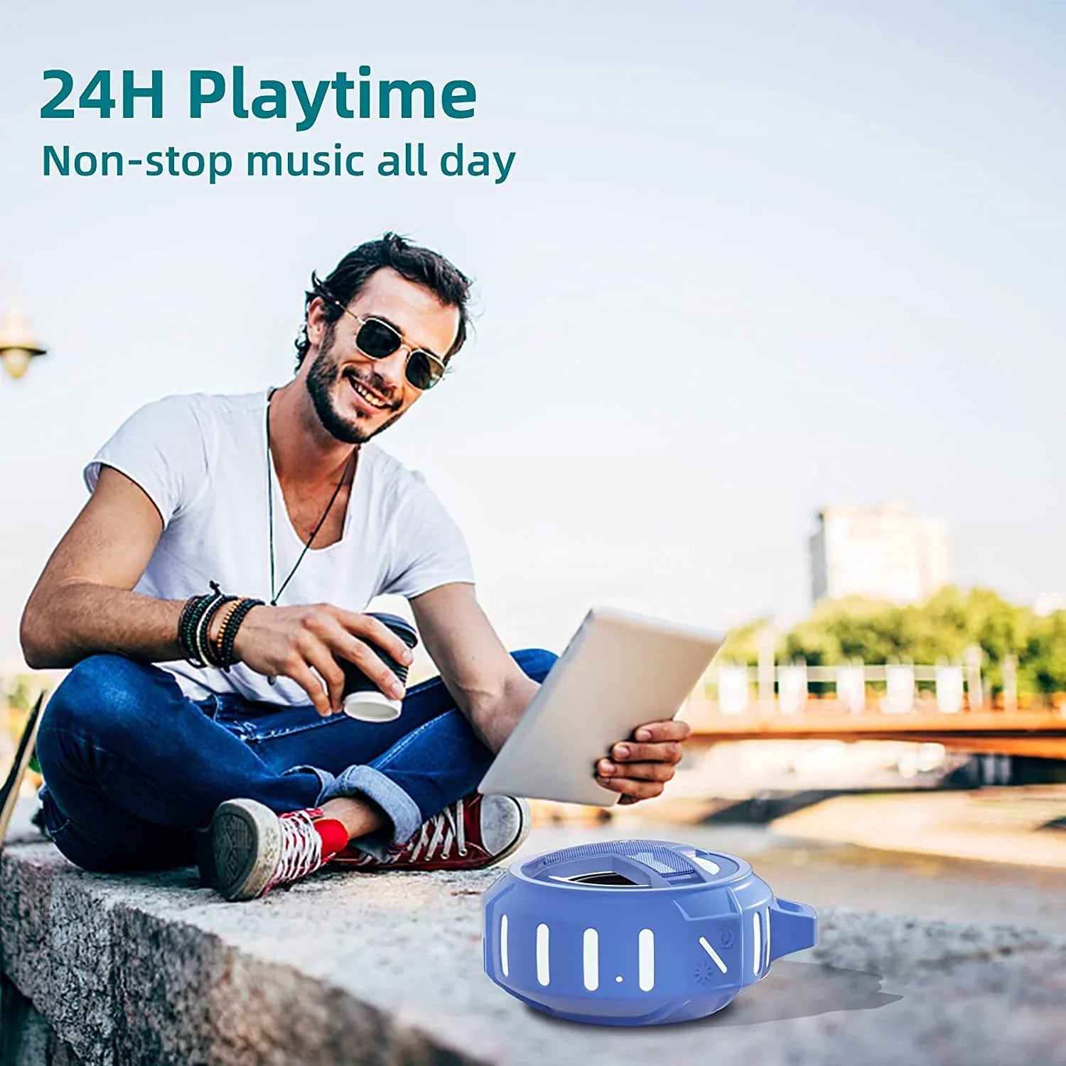 EBODA Waterproof Bluetooth Shower Speaker, IPX7 Floating Portable Wireless Small Speakers, 24H Playtime with Light for Hiking, Pool, Beach, Kayak Accessories, Gifts for Men, Boys - Light Blue