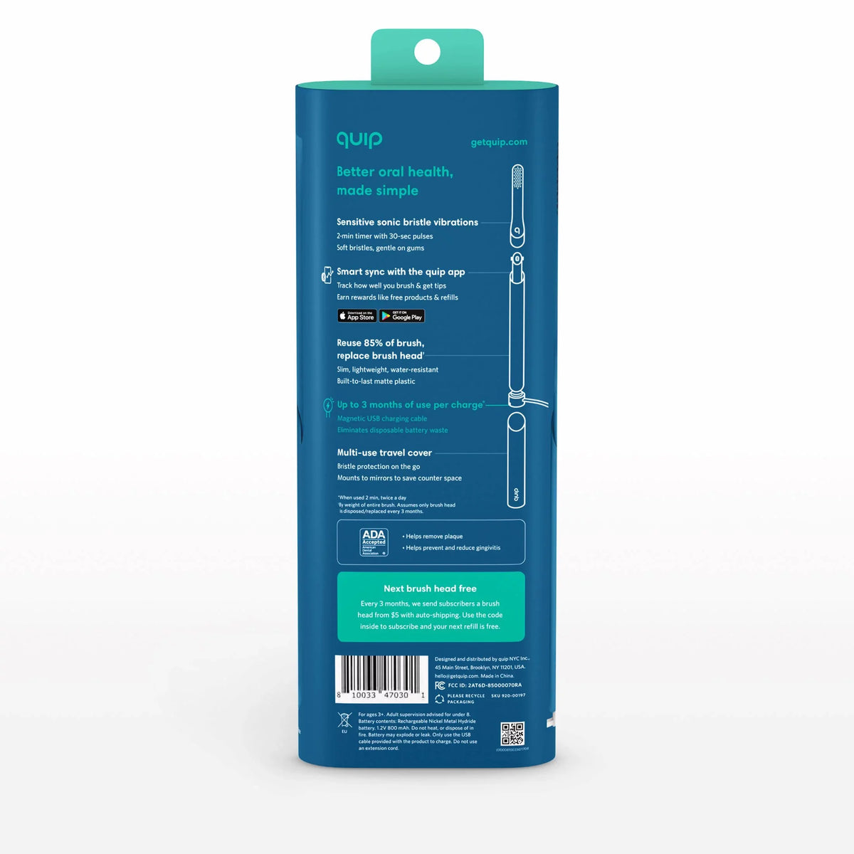 Quip Adult Smart Electric Rechargeable Toothbrush Full Head, Ocean Blue