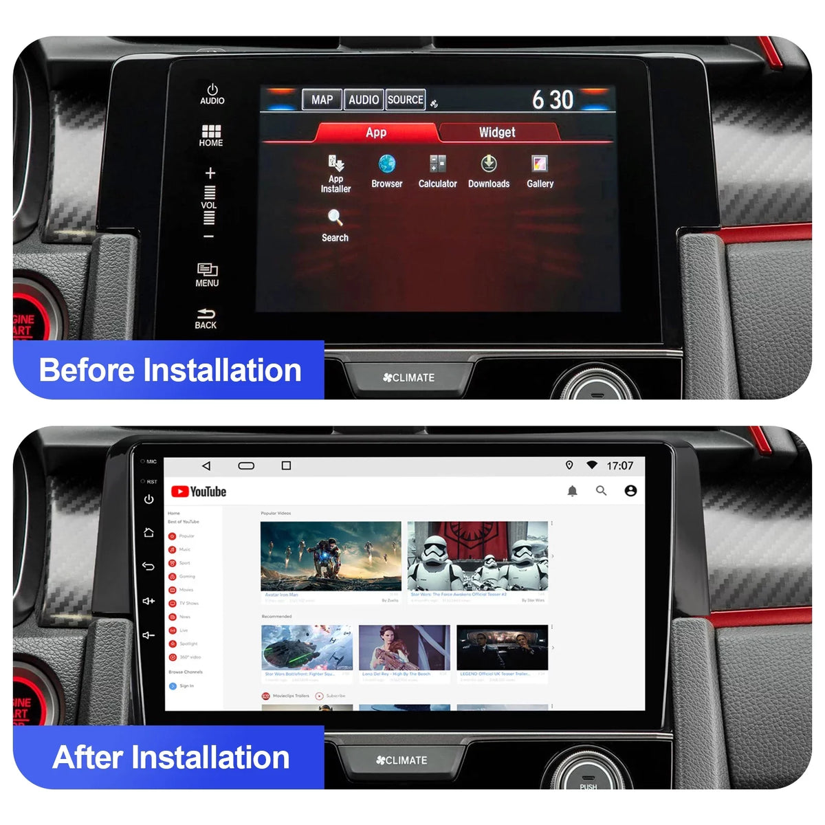 6+128G Android 12 Double Din Car Stereo for Honda Civic 2016-2020 with 9 Inch Touchscreen Radio Built-in Wireless Carplay/Android Auto AUX-in SWC Backup Camera