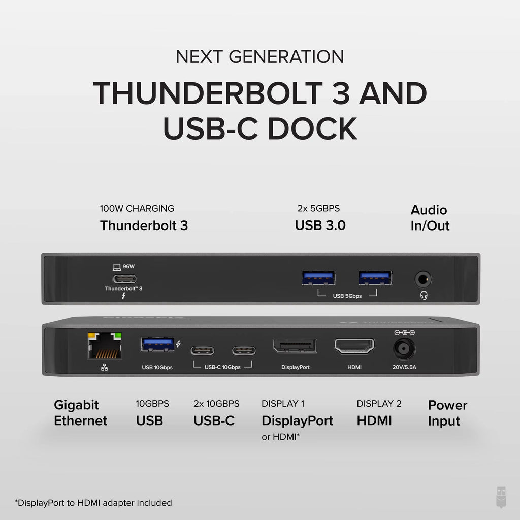 Plugable USB-C and Thunderbolt Dock - 40Gbps with 96W Charging, Compatible with Mac and Windows OS Laptops, DisplayPort and HDMI, 2x USB-C, 3x USB 3.0, Gigabit Ethernet, Audio Jack