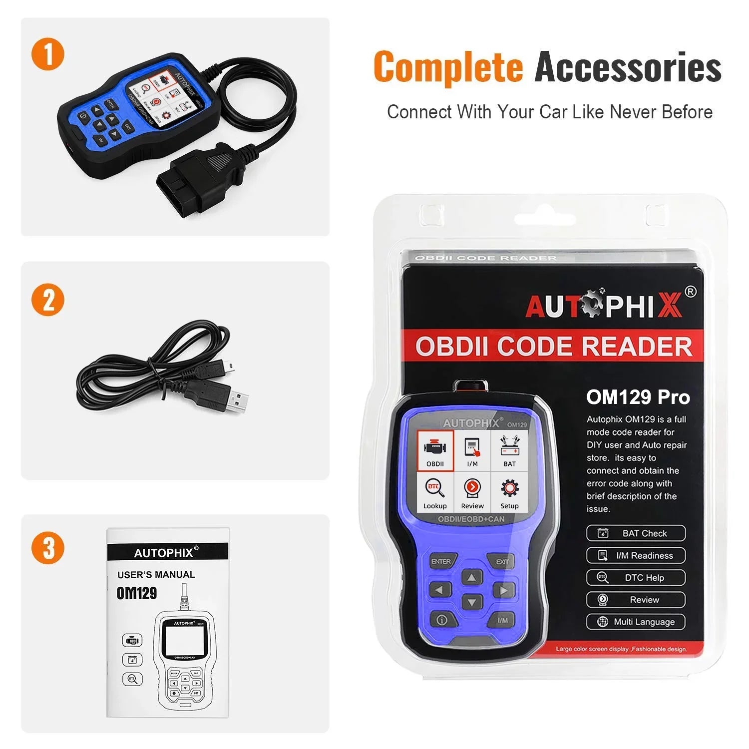 AUTOPHIX OM129 PRO OBD2 Scanner Battery Tester 2 in 1 Automotive Diagnostic Tool Engine Code Reader Full OBD2 Function Cranking Test Charging Test 12V Automotive Battery Scanner EOBD OBD Auto Analyzer