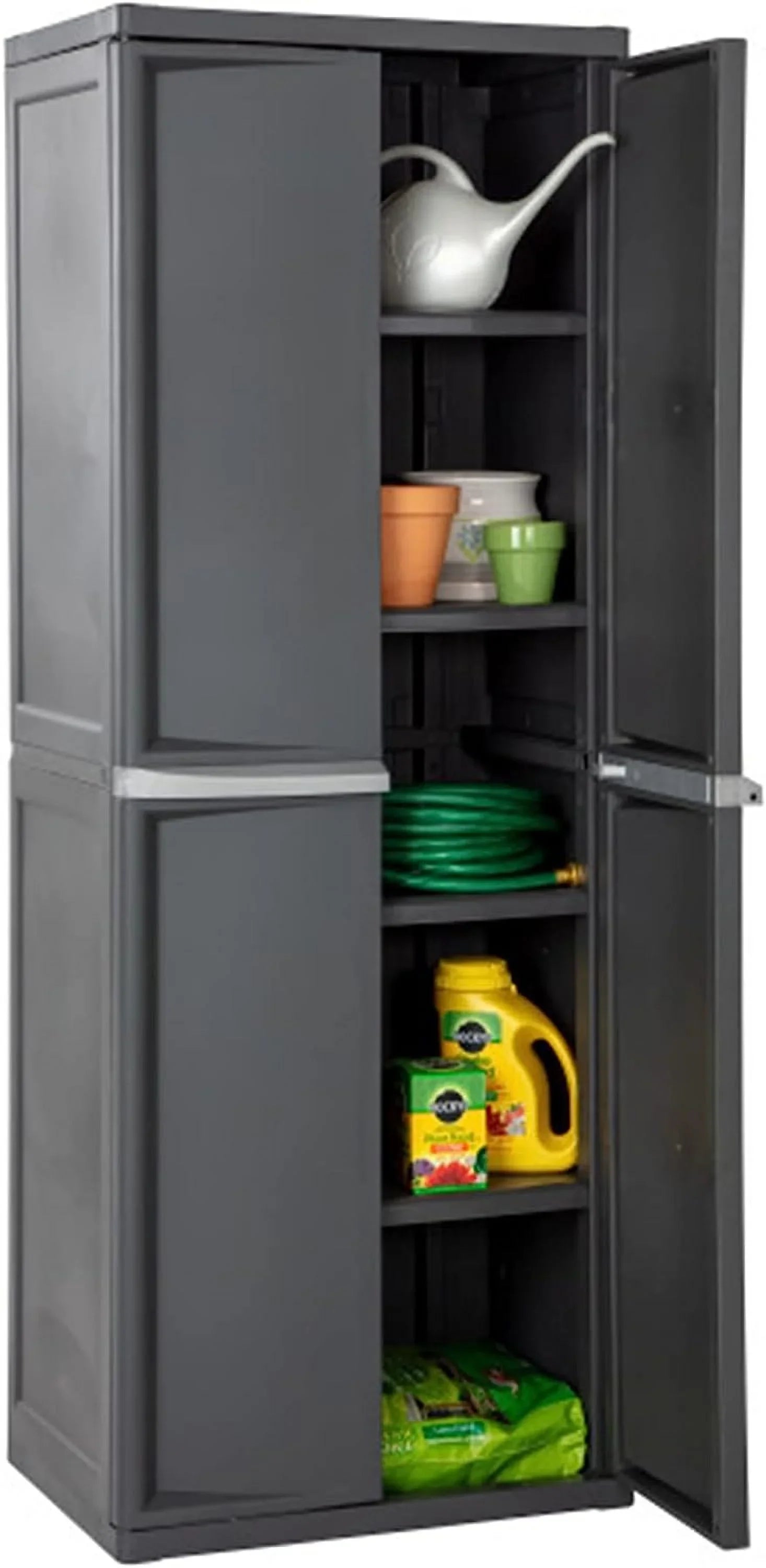 HOZO 4 Shelf Cabinet, Heavy Duty and Easy to Assemble Plastic Storage Unit, Organize Bins in the Garage, Basement, Attic, Mudroom, Gray, 1-Pack