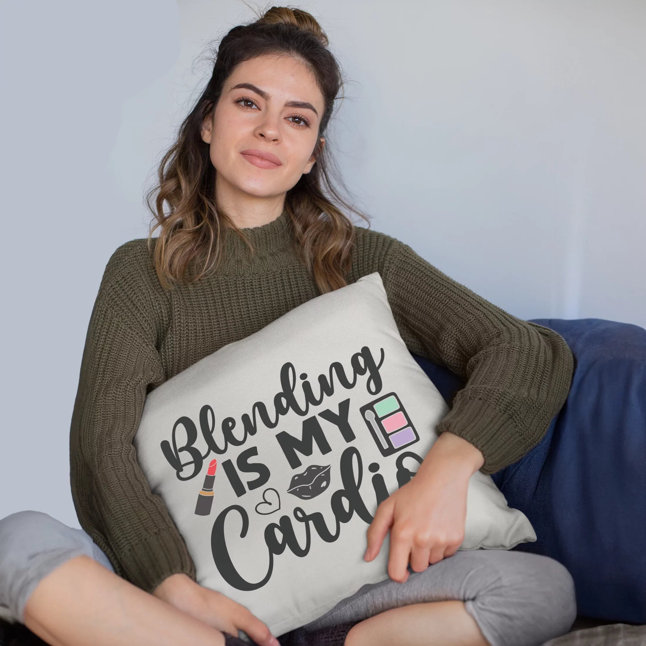 Blending Is My Cardio w/ Eyeshadow Palette, Lips & Red Lipstick Design - Beauty Themed Merch for Makeup Artist or Cosmetologist, Gift for Makeup Lovers, Pillow Cover, White 18X18 IN