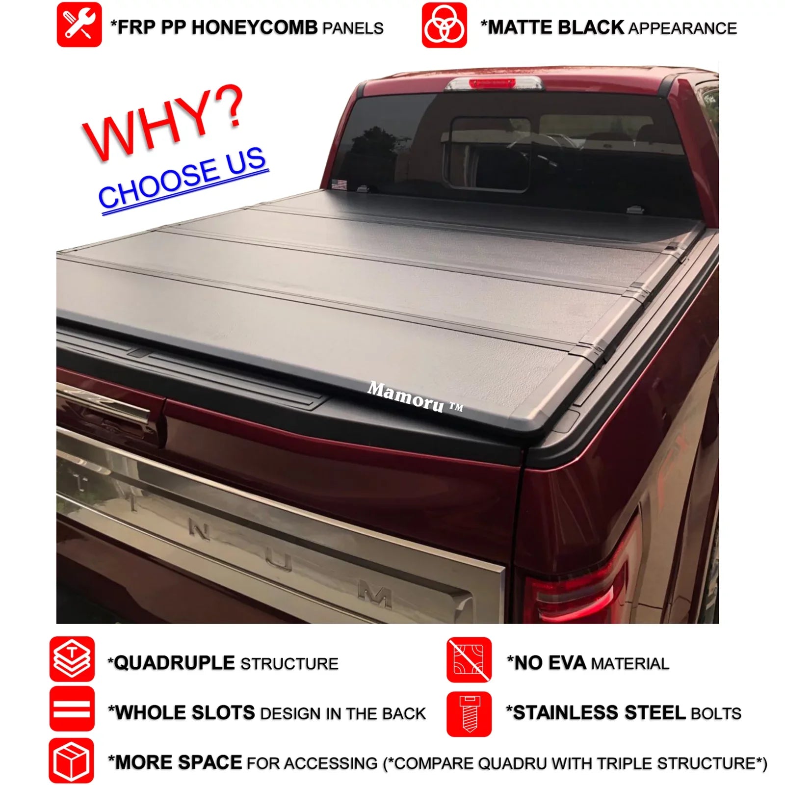 Mamoru Hard FRP Quad-Fold Solid Tonneau Cover Compatible with 2016 2017 2018 2019 2020 2021 2022 2023 Tacoma 6' / 73.7" Truck Bed Cover | Fit for Deck Rail System