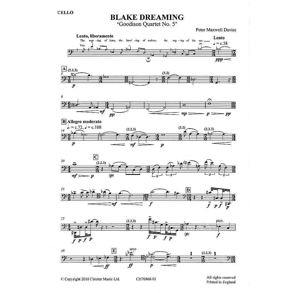 Chester Music Blake Dreaming 'Goodison Quartet No. 5' Music Sales America Series by Peter Maxwell Davies