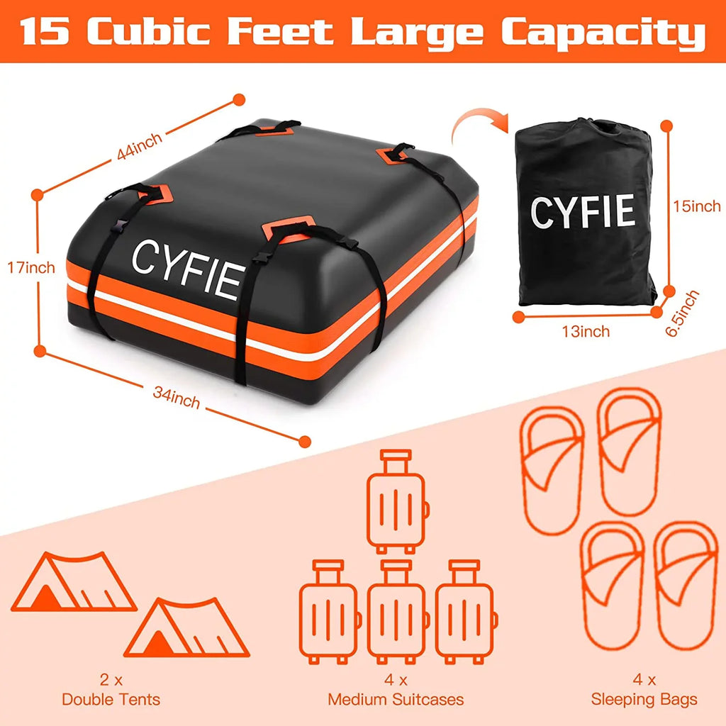 Cyfie Rooftop Cargo Bag for Car,SUV Car Top Carrier 15Cu. ft for All Cars with/Without Rack, Waterproof & Tearproof, Includes Anti-Slip Mat, 8 Reinforced Straps, 6 Door Hooks, Storage Bag