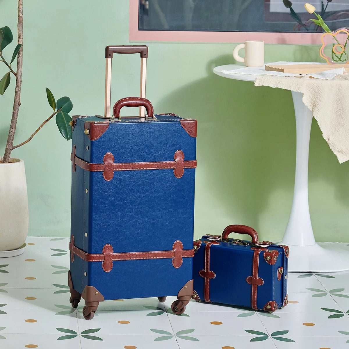 CO-Z Vintage Trunk Combination Luggage Sets of 2 Piece, Travel Carry On Suitcase for Women with Spinner Wheels 24"+12",Blue