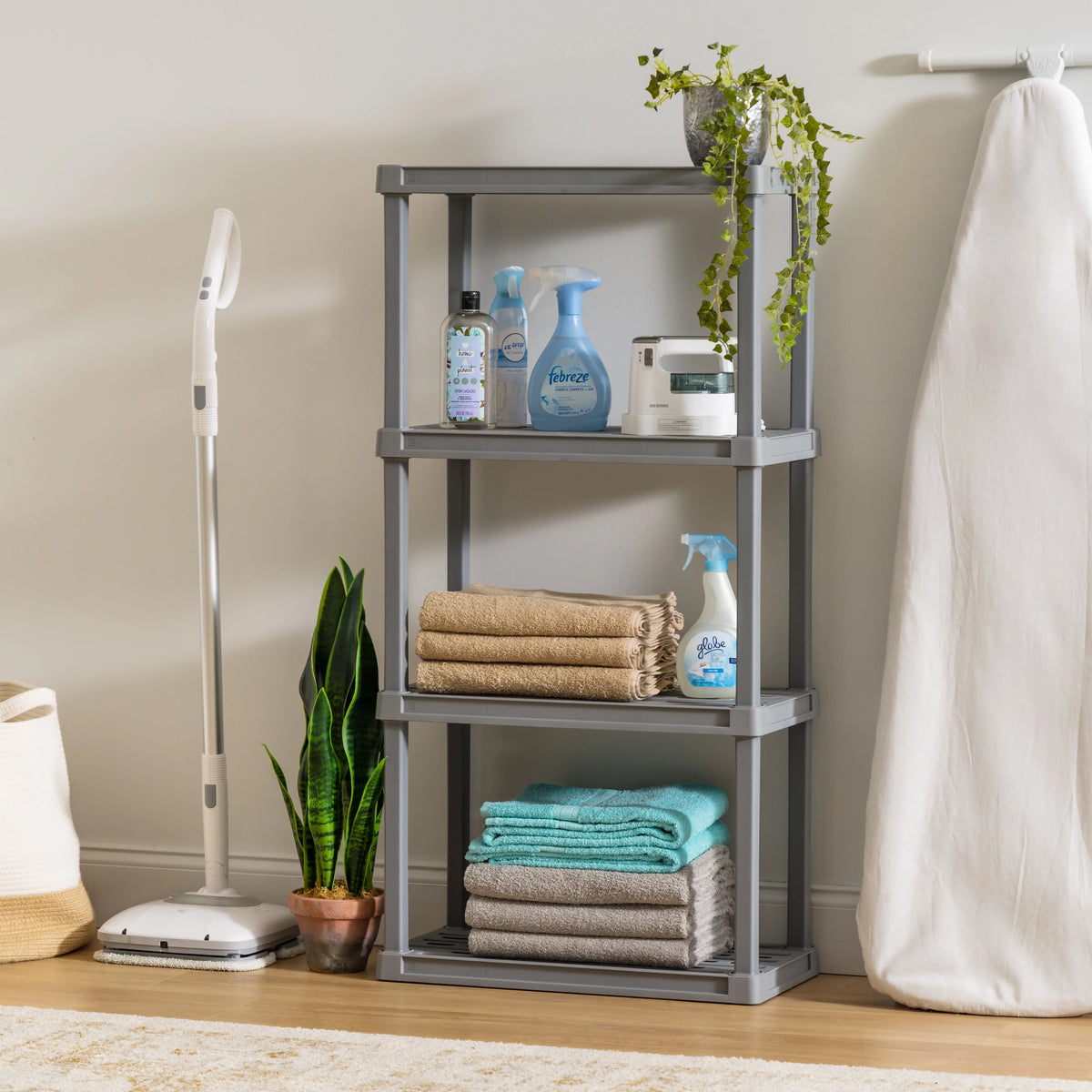 IRIS USA 4-Tier Plastic Rack Storage Shelf with 160 lb. Total Capacity, Elephant Gray