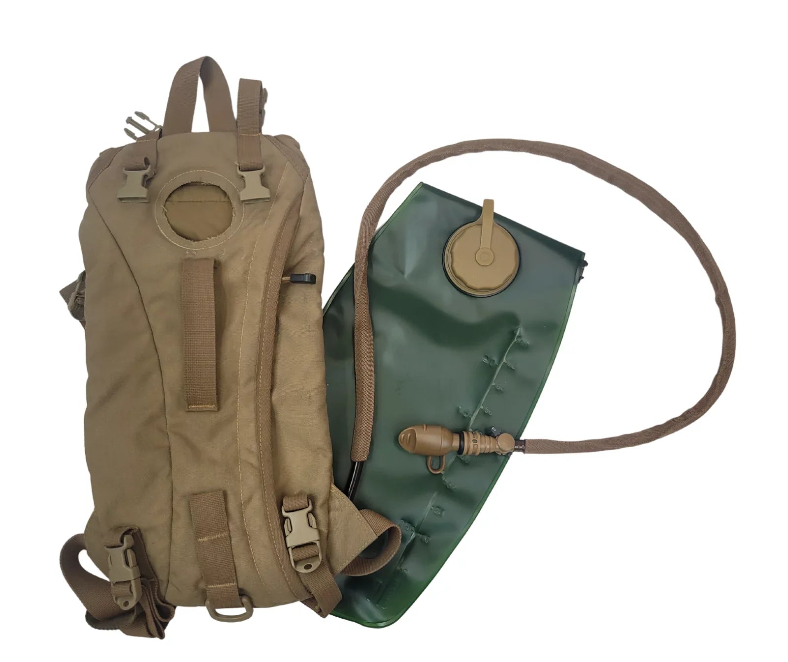 Military Outdoor Clothing Previously Issued Coyote Hydration System Carrier with never Secondhand import bladder