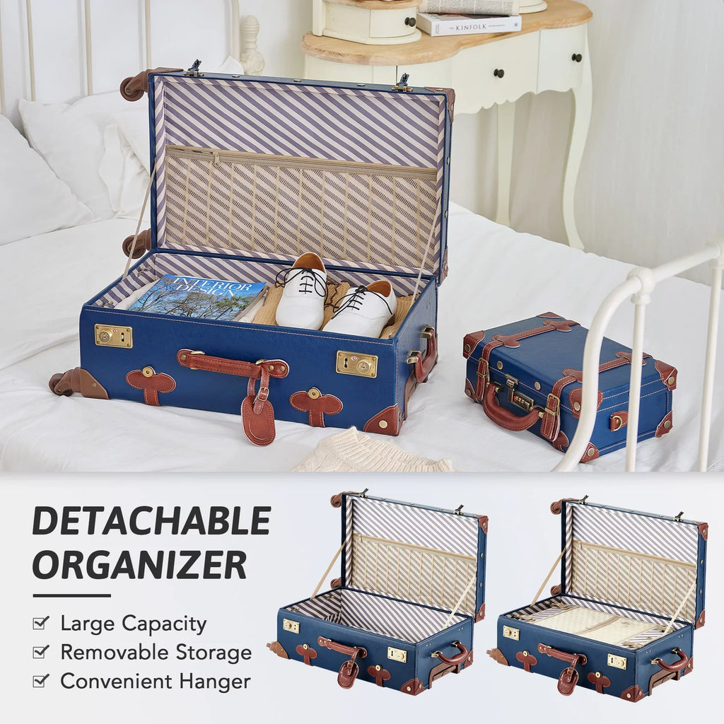 CO-Z Vintage Trunk Combination Luggage Sets of 2 Piece, Travel Carry On Suitcase for Women with Spinner Wheels 24"+12",Blue