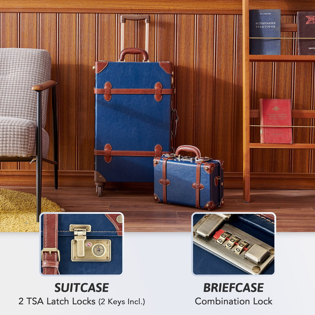 CO-Z Vintage Trunk Combination Luggage Sets of 2 Piece, Travel Carry On Suitcase for Women with Spinner Wheels 24"+12",Blue