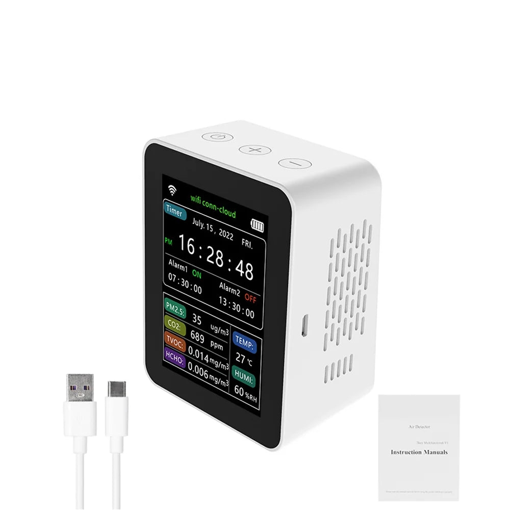Carevas WiFi Intelligent Air Quality Detector PM2.5 CO2 TVOC HCHO Humidity 6 In 1 Detector Time Date Week Display Mobilephone APP Remotes Viewing 2 Sets Alarm Home Indoor Desktop Air Quality Moni