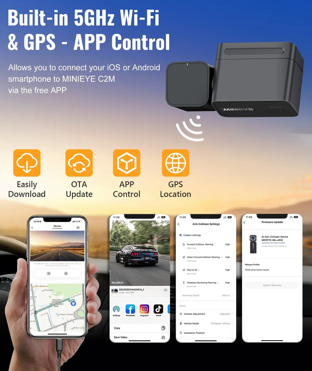 MINIEYE C2M 4K Dash Cam Front and Rear, Dual Dash Camera for Cars 4K+1080P - AI Collision Avoidance Device, 2.4'' LCD, Built-in 5G WiFi GPS, ADAS, Loop Recording, Super Night Vision, APP OTA Update